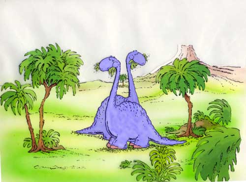 These dinosaurs (either Apatosaurus or Diplodocus) drawn by Italian cartoonist Bruno Bozzetto were able to use their long tails like whips to make impressive cracking noises to attract a mate.