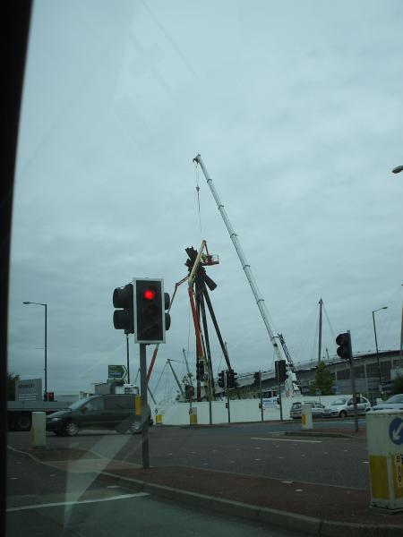 Taking down the poor old B. 
A few days on from even this pic and now there's only a tiny little central stump sitting atop these giant legs. Here is an opportunity methinks to erect a giant War of the Worlds style tripod looming over the road with maybe some kind of light-source instead of the heat-ray. I'll try and get a better picture of it. This one's a bit crummy. Poor old B though, eh?